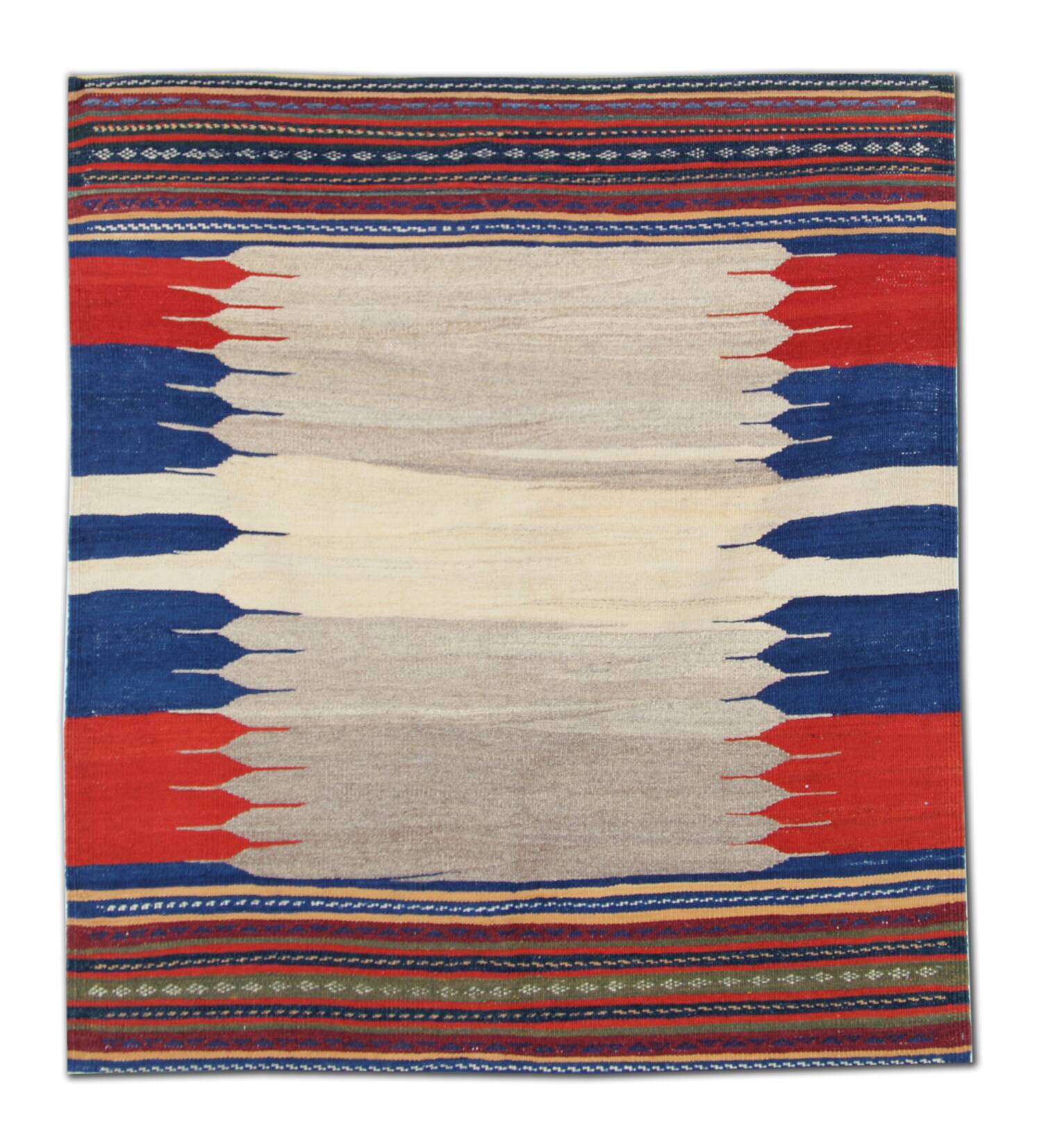 Wool Kilim Rug Earthy Beige, Vibrant Blue & Red 128 x 116 cm