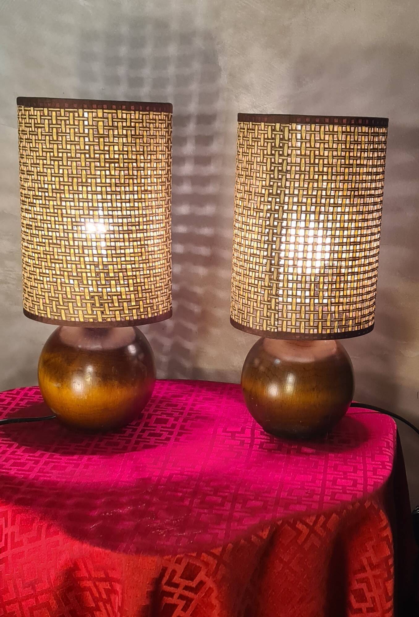 pair of Scandinavian wooden ball lamps and new lampshades 32x14 electric ok