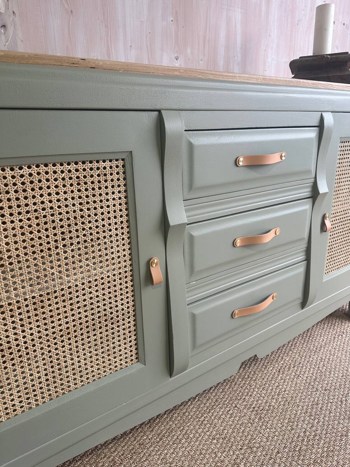 Renovated antique sideboard - blue-green, cane work and oak top