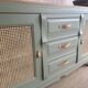 Renovated antique sideboard - blue-green, cane work and oak top