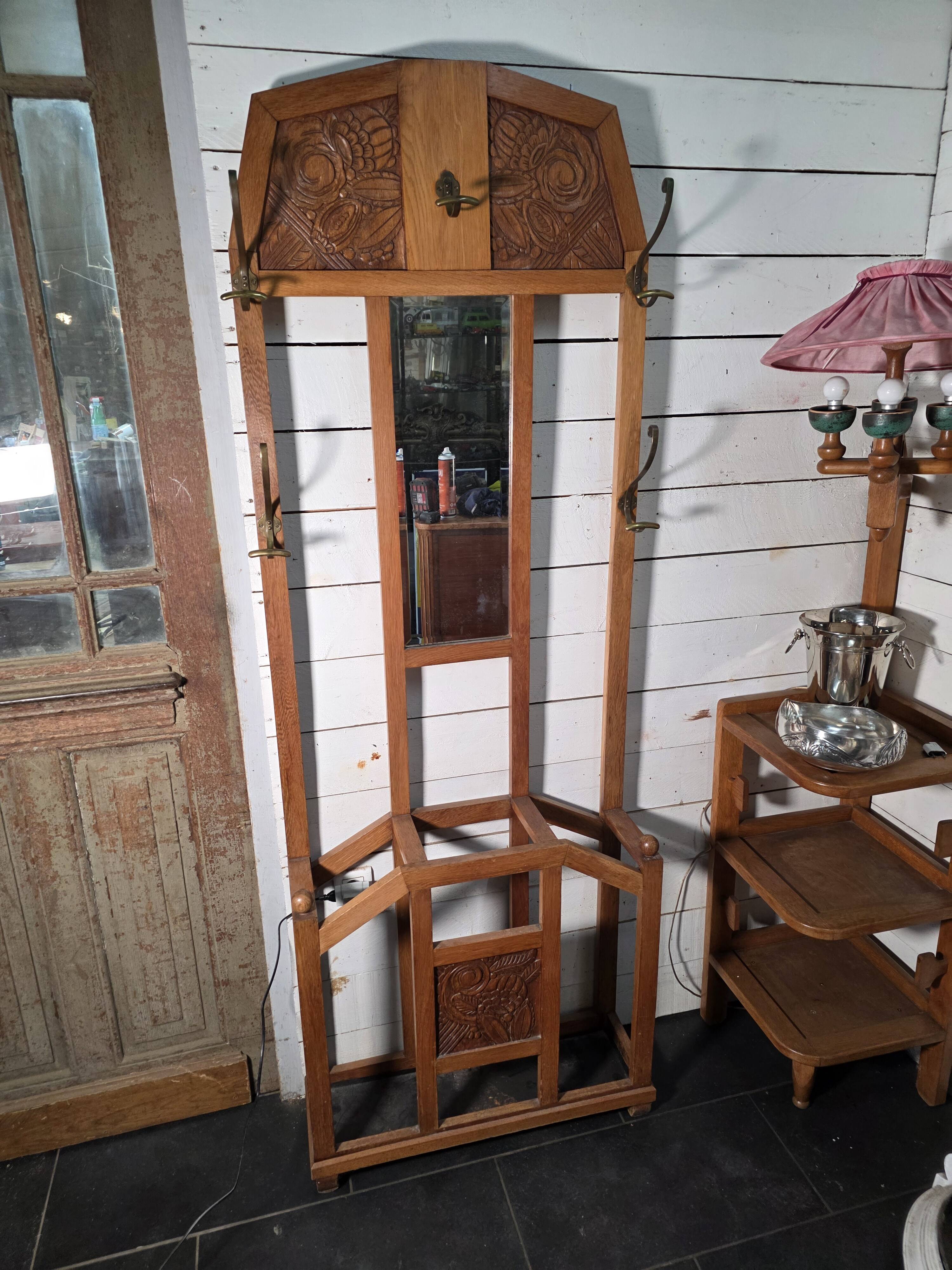 Art Deco coat rack wardrobe in solid oak