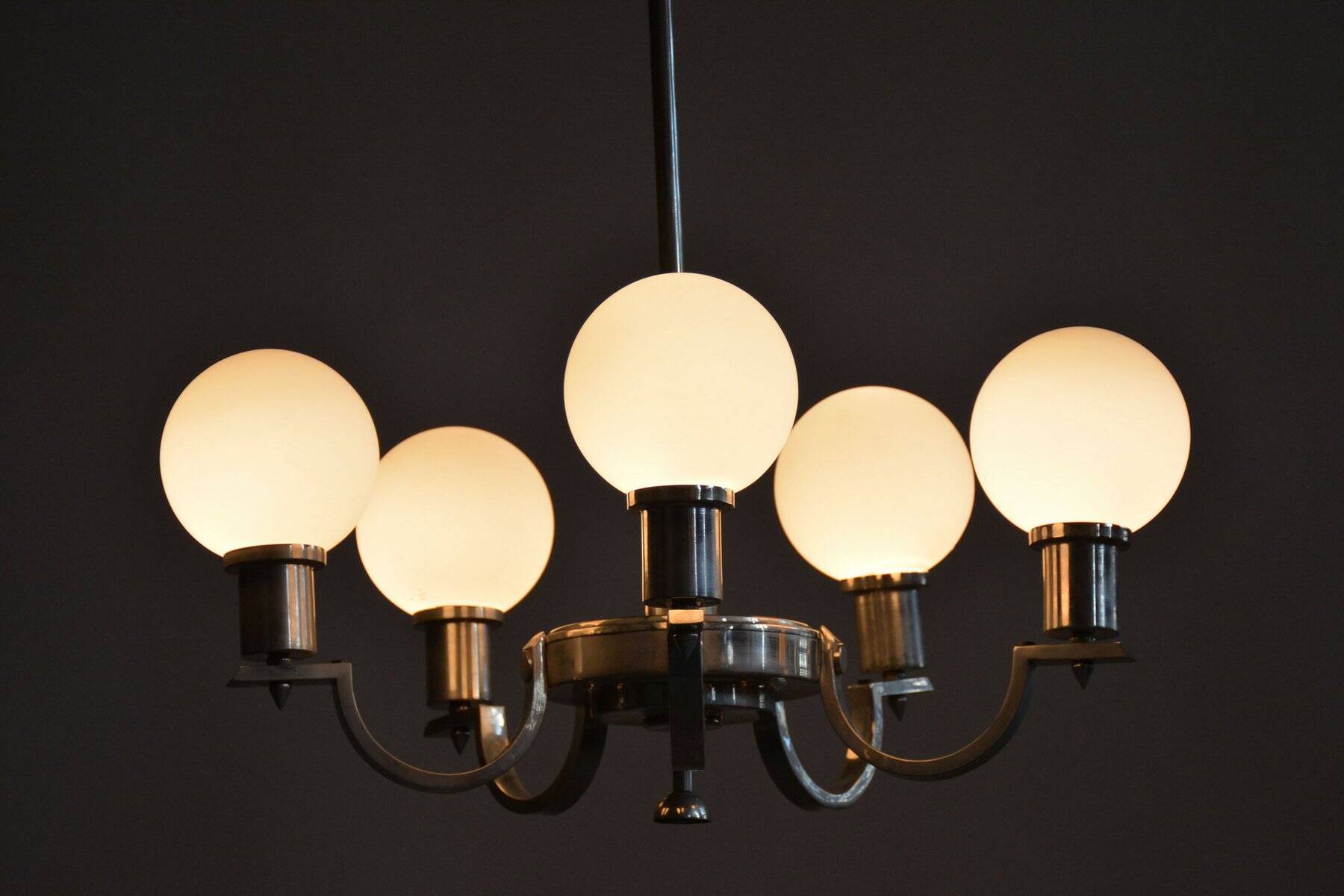 Art Deco Chandelier in Nickel, Steel and Opaline Glass, Czech, 1920s