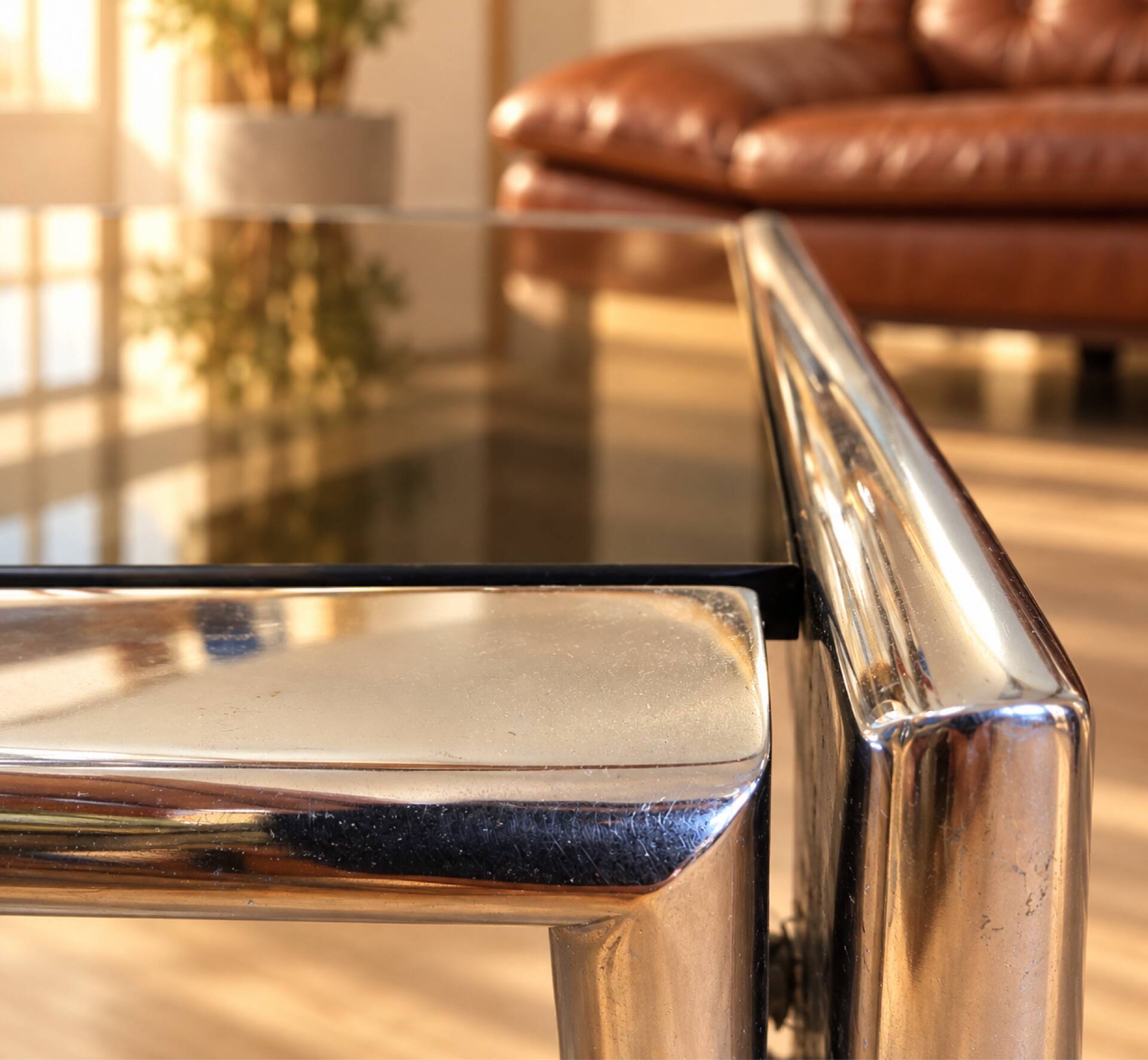 Vintage coffee table in chrome and smoked glass – 1970s/80s