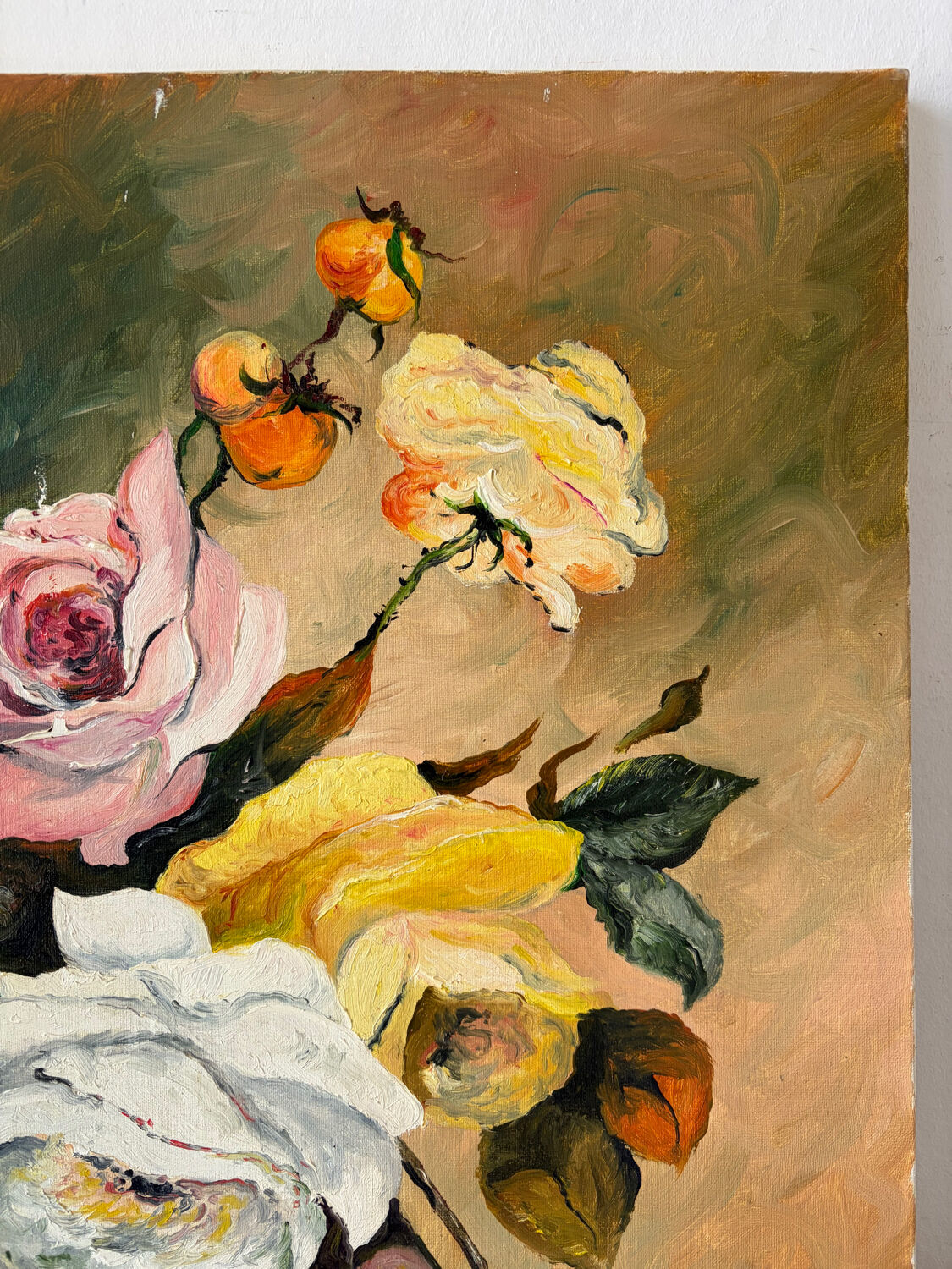 Autumn roses, oil on canvas signed Esterel.