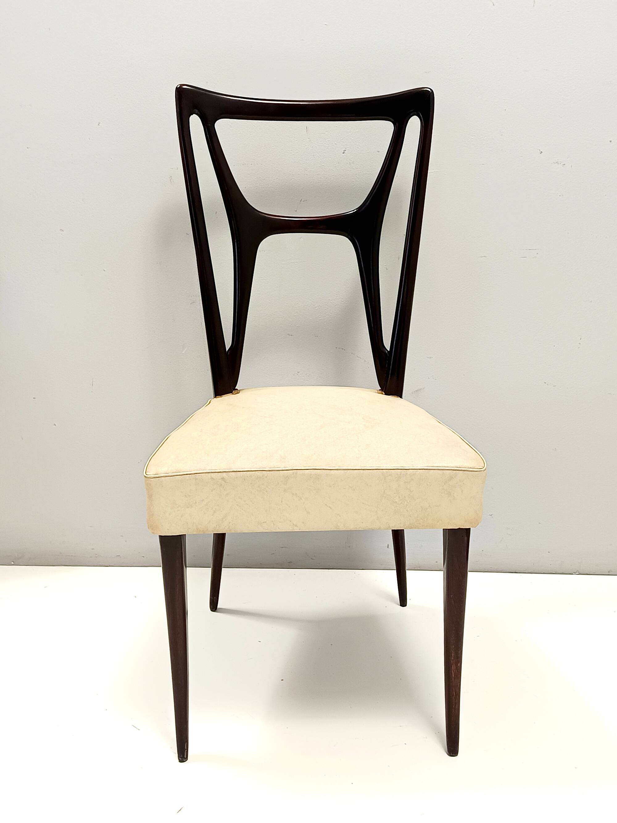 Set of Six Ebonized Beech Dining Chairs with Ivory Skai Upholstery, Italy