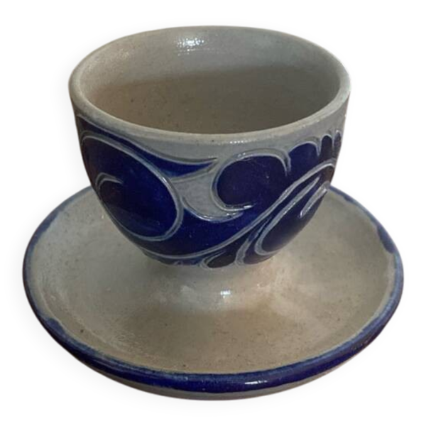 Coquetier Ancien BETSCHDORF Grès au Sel Gris Décor Bleu Alsace Vintage
