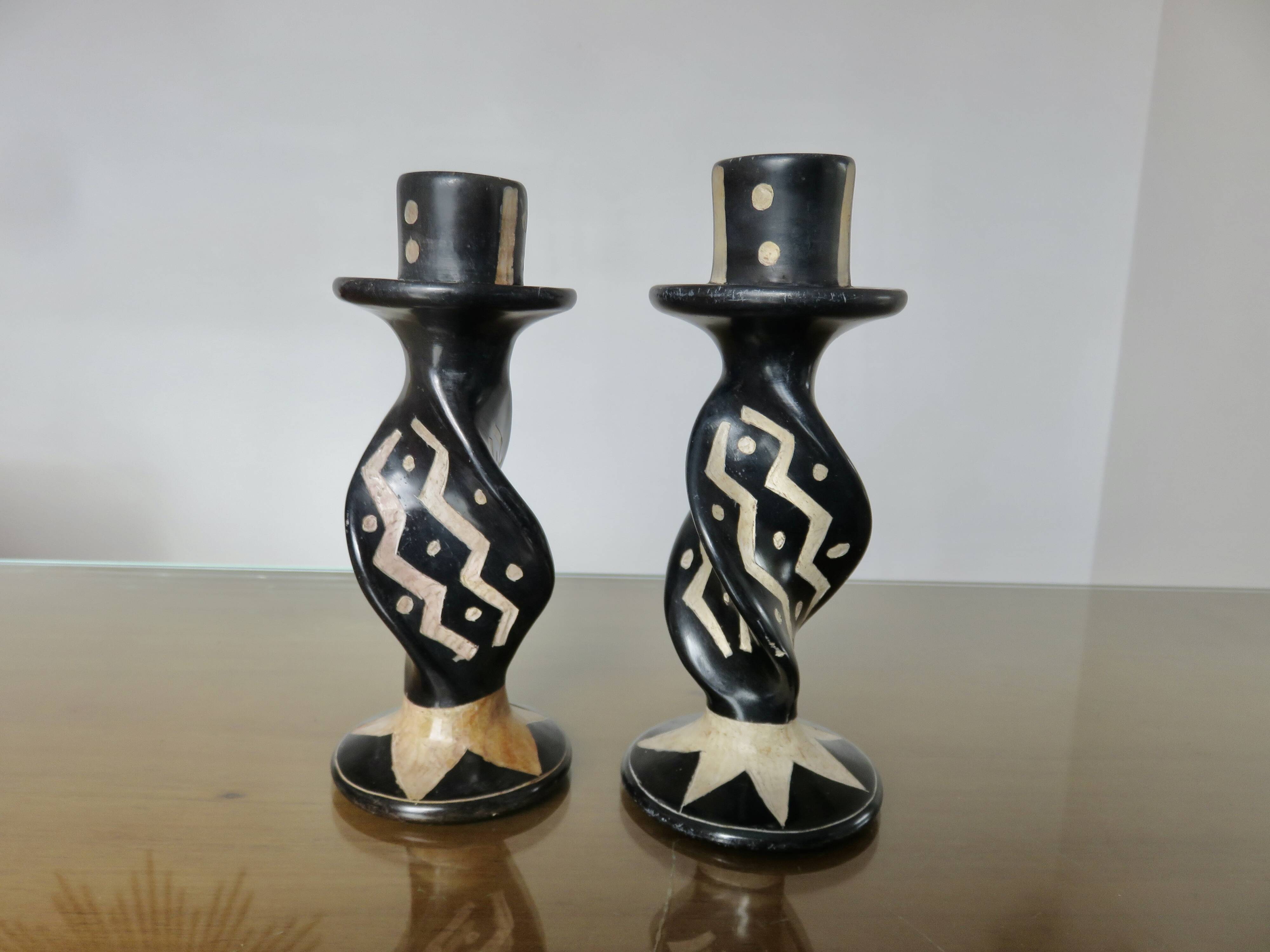Pair of ethnic soapstone candlesticks, African craftsmanship 1980