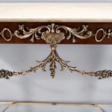 Vintage walnut console with a portuguese pink marble top and brass frame, italy