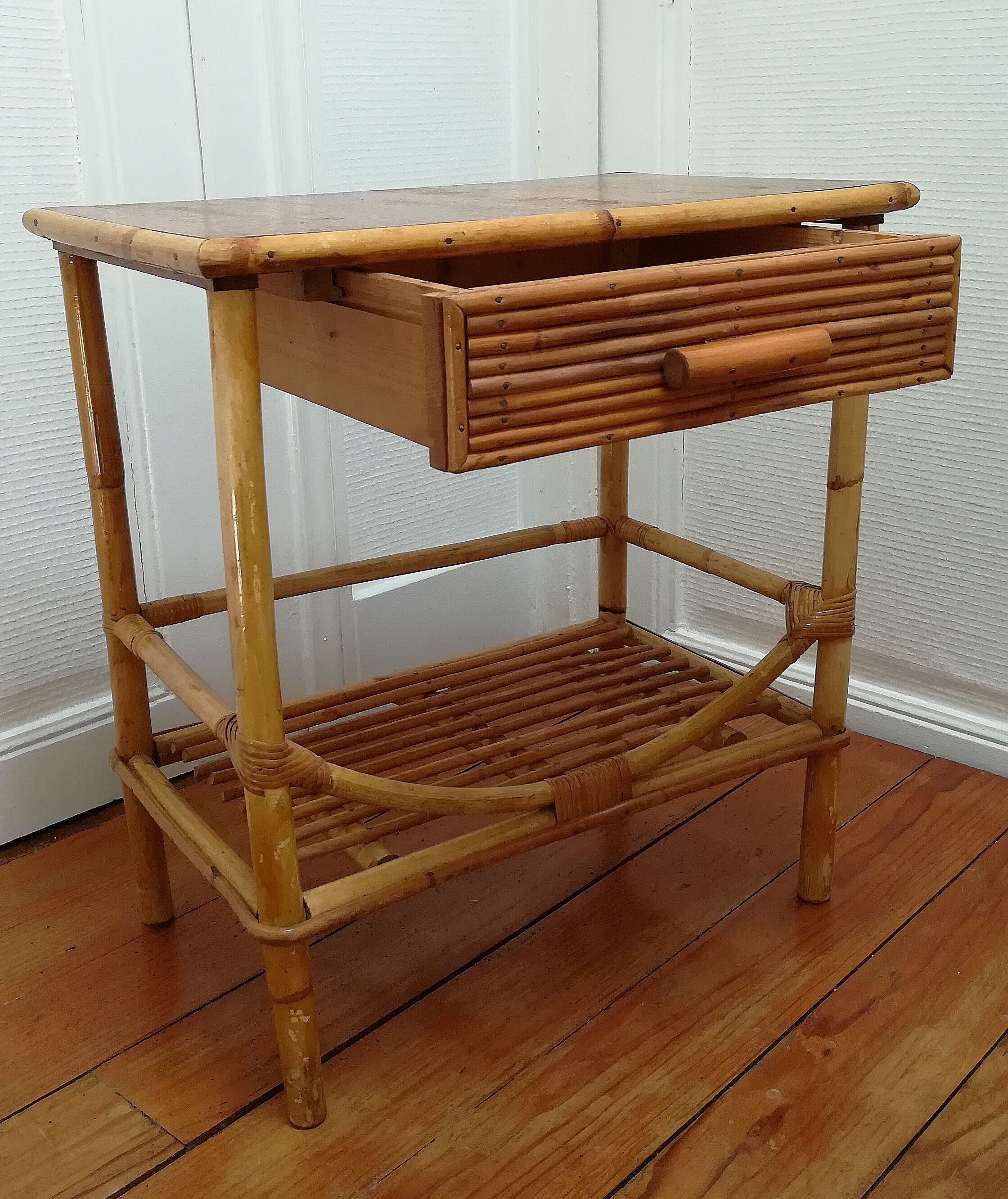 Rattan and vintage bamboo bedside table