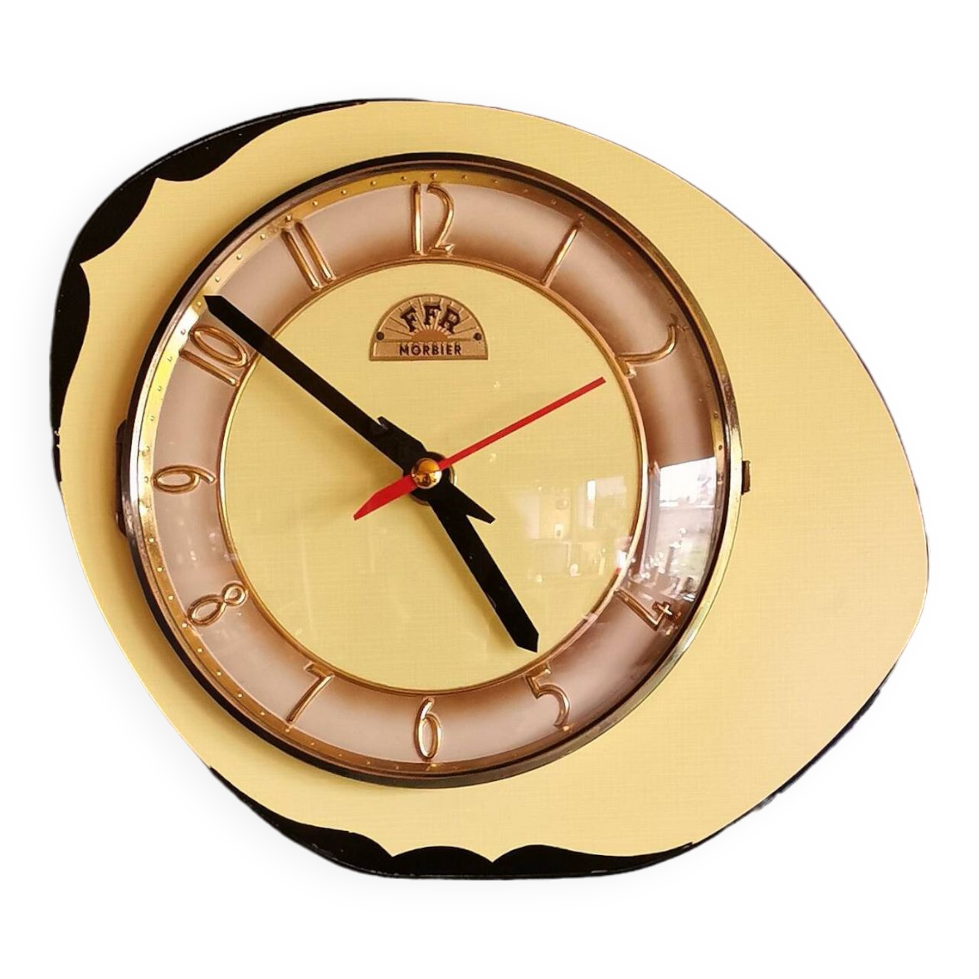 Vintage formica clock silent asymmetrical wall pendulum "FFR Morbier yellow black"