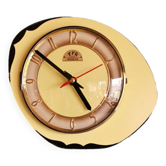 Vintage formica clock silent asymmetrical wall pendulum "FFR Morbier yellow black"