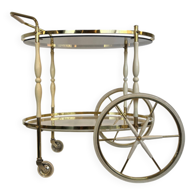 Table roulante italienne ovale en laiton et bois laqué