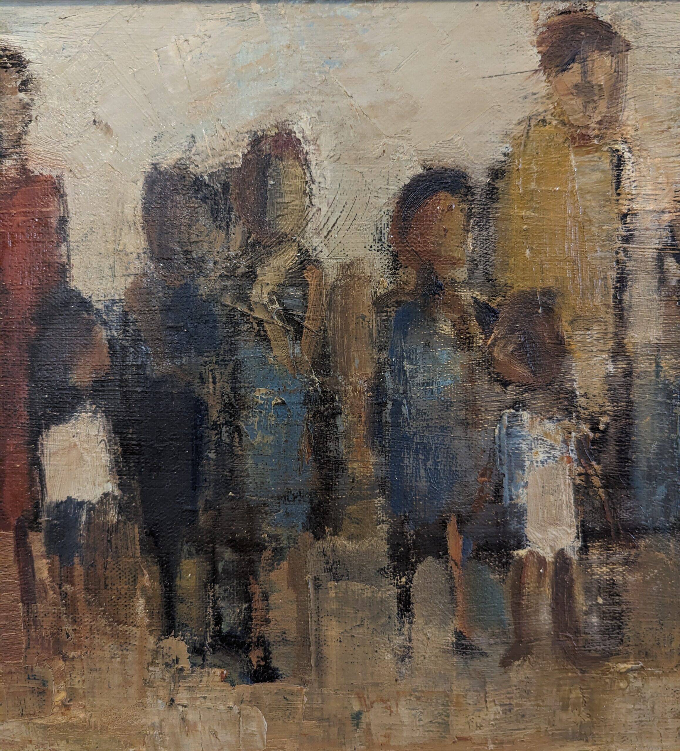 Mid-Century Modern Swedish "Assemble", Vintage Figurative Oil Painting, Framed