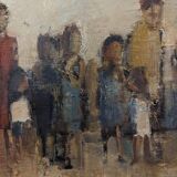 Mid-Century Modern Swedish "Assemble", Vintage Figurative Oil Painting, Framed