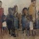 Mid-Century Modern Swedish "Assemble", Vintage Figurative Oil Painting, Framed