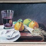 Still life, leek apples vino