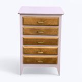 Vintage powder pink compass leg chest of drawers from the 1950s