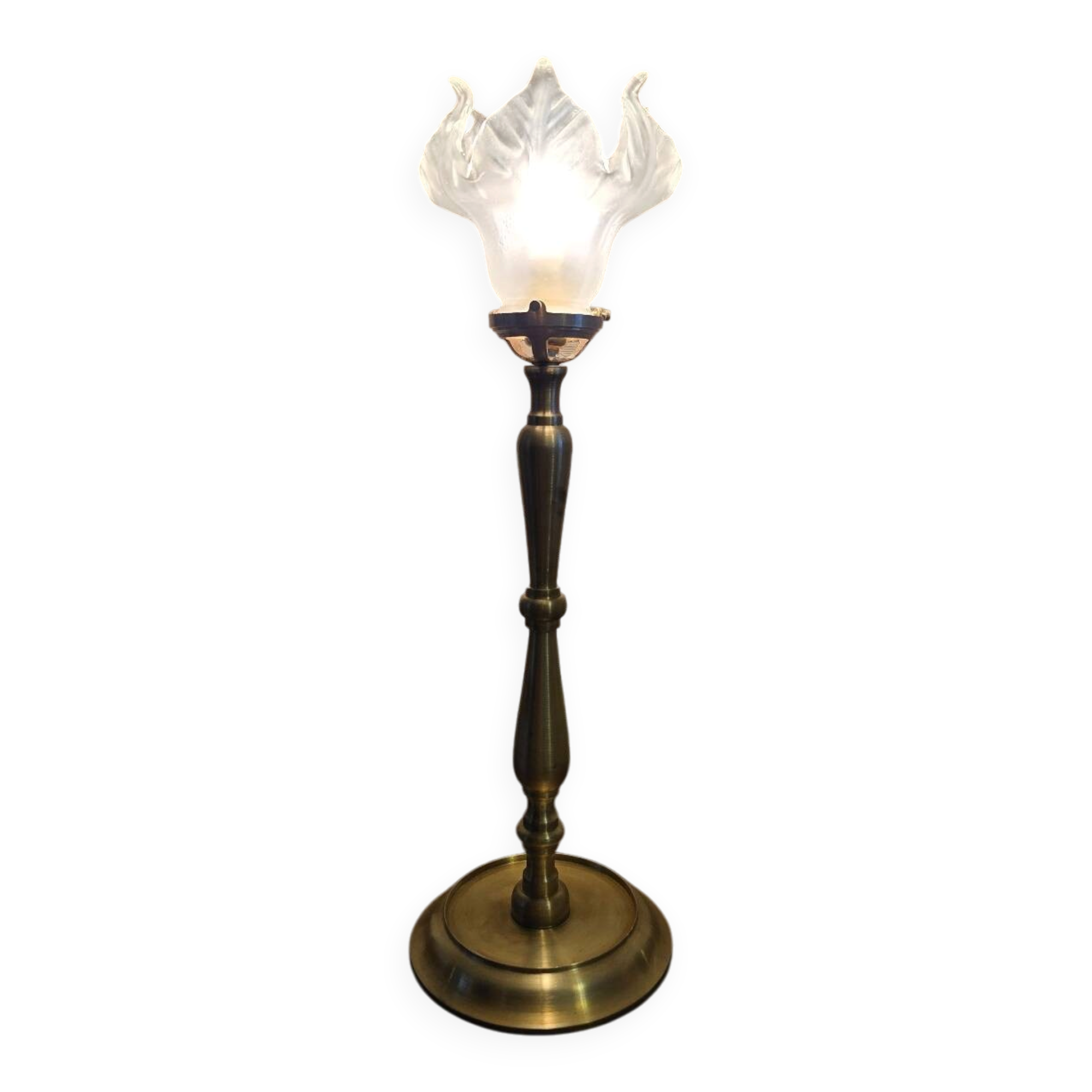 Brass floor lamp with Art Deco claw tulip shade.