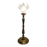 Brass floor lamp with Art Deco claw tulip shade.