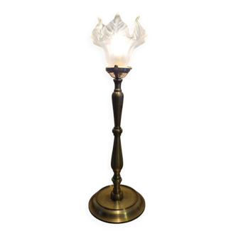 Brass floor lamp with Art Deco claw tulip shade.