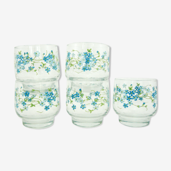 5 verres à eau - décor petites fleurs bleues - Veronica Luminarc Arcoroc - vintage années 80