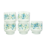 5 water glasses - decoration small blue flowers - Veronica Luminarc Arcoroc - vintage 80s