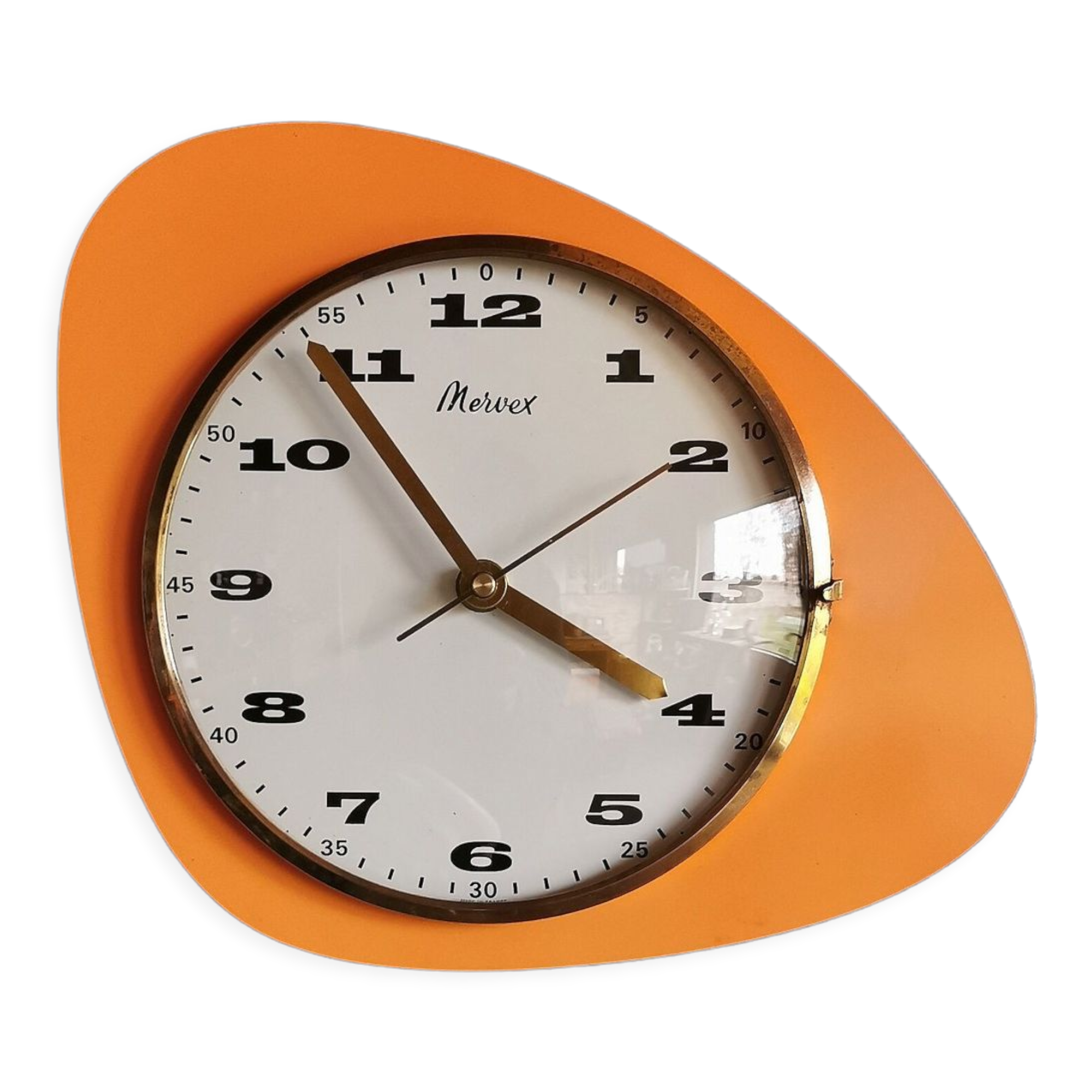 Vintage formica clock asymmetrical silent wall clock "Mervex orange"