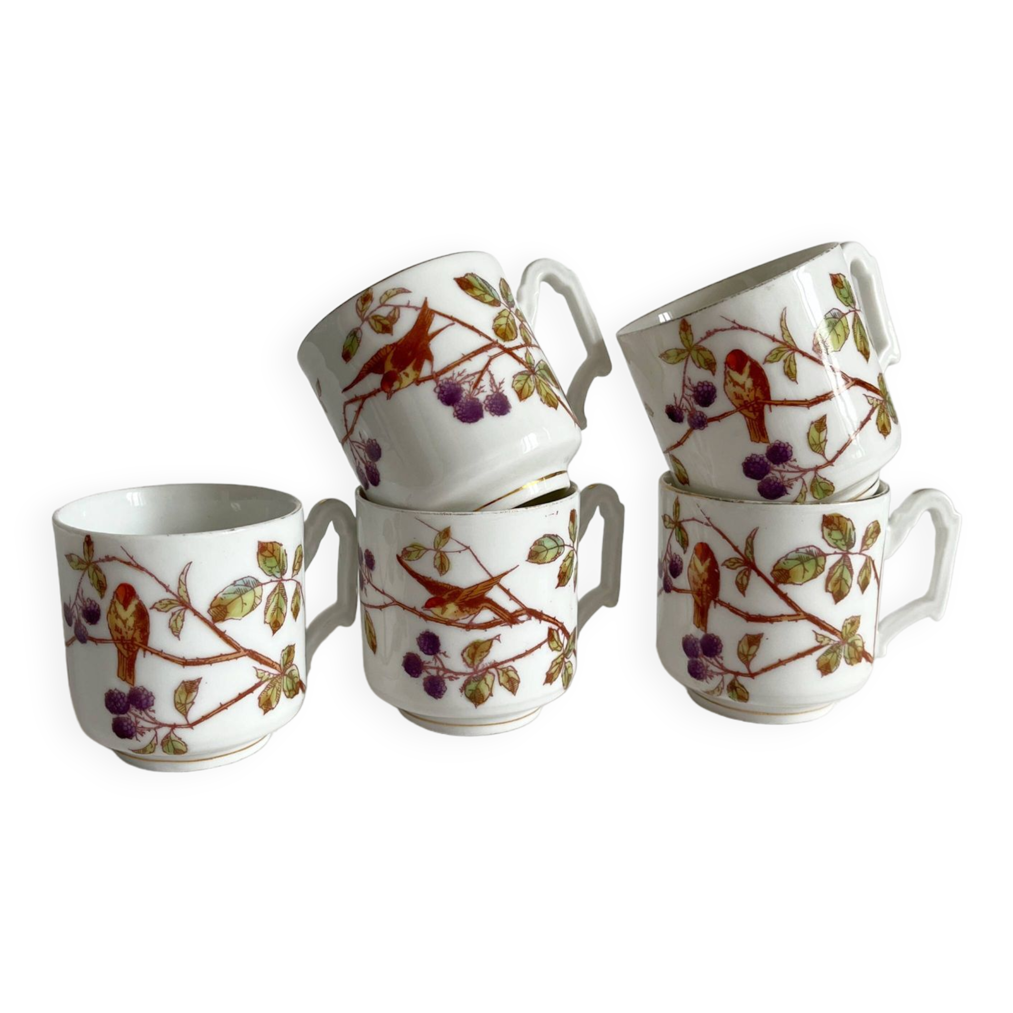 5 antique porcelain coffee cups decorated with birds