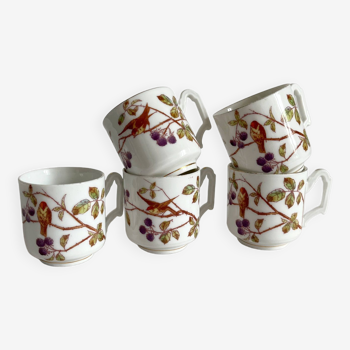 5 tasses à café en porcelaine ancienne décor d'oiseaux