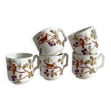5 tasses à café en porcelaine ancienne décor d'oiseaux