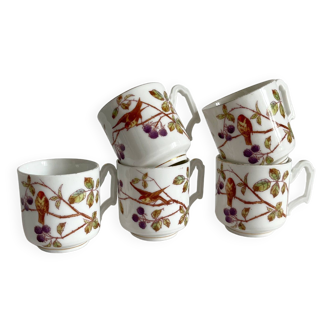 5 old porcelain coffee cups decorated with birds