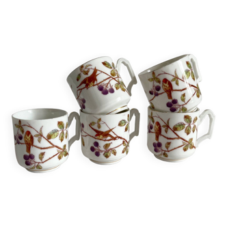 5 antique porcelain coffee cups with bird decor