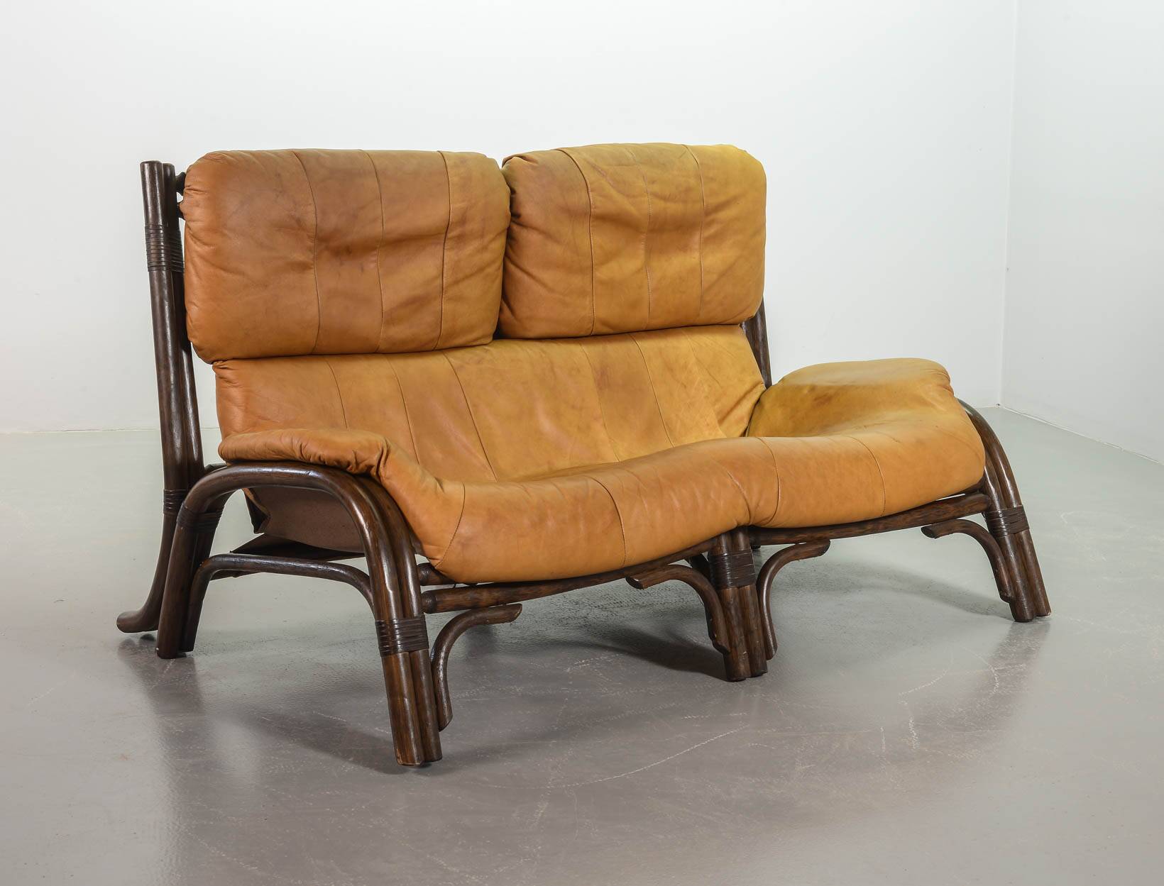 Brutalist Bentwood Love Seat Bamboo Sofa w. Caramel Leather Upholstery, 60s