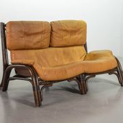 Brutalist Bentwood Love Seat Bamboo Sofa w. Caramel Leather Upholstery, 60s