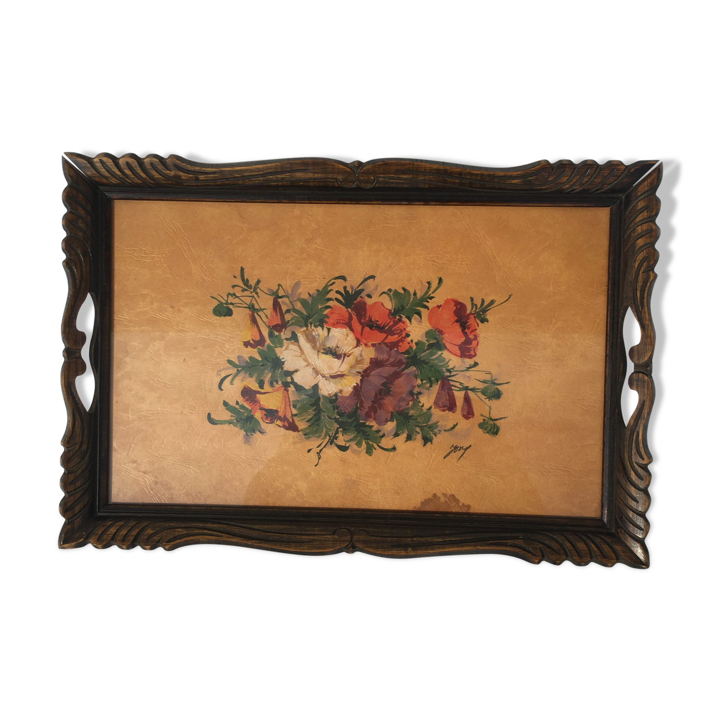 Serving tray with floral watercolor signed