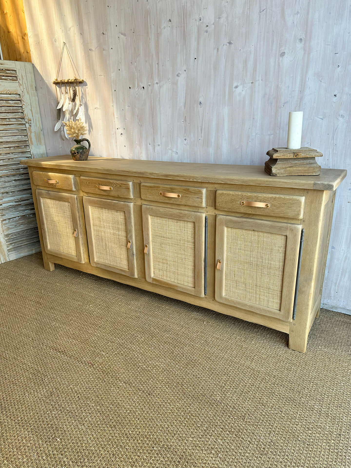 Grande enfilade buffet en chêne massif et cannage – 242 cm