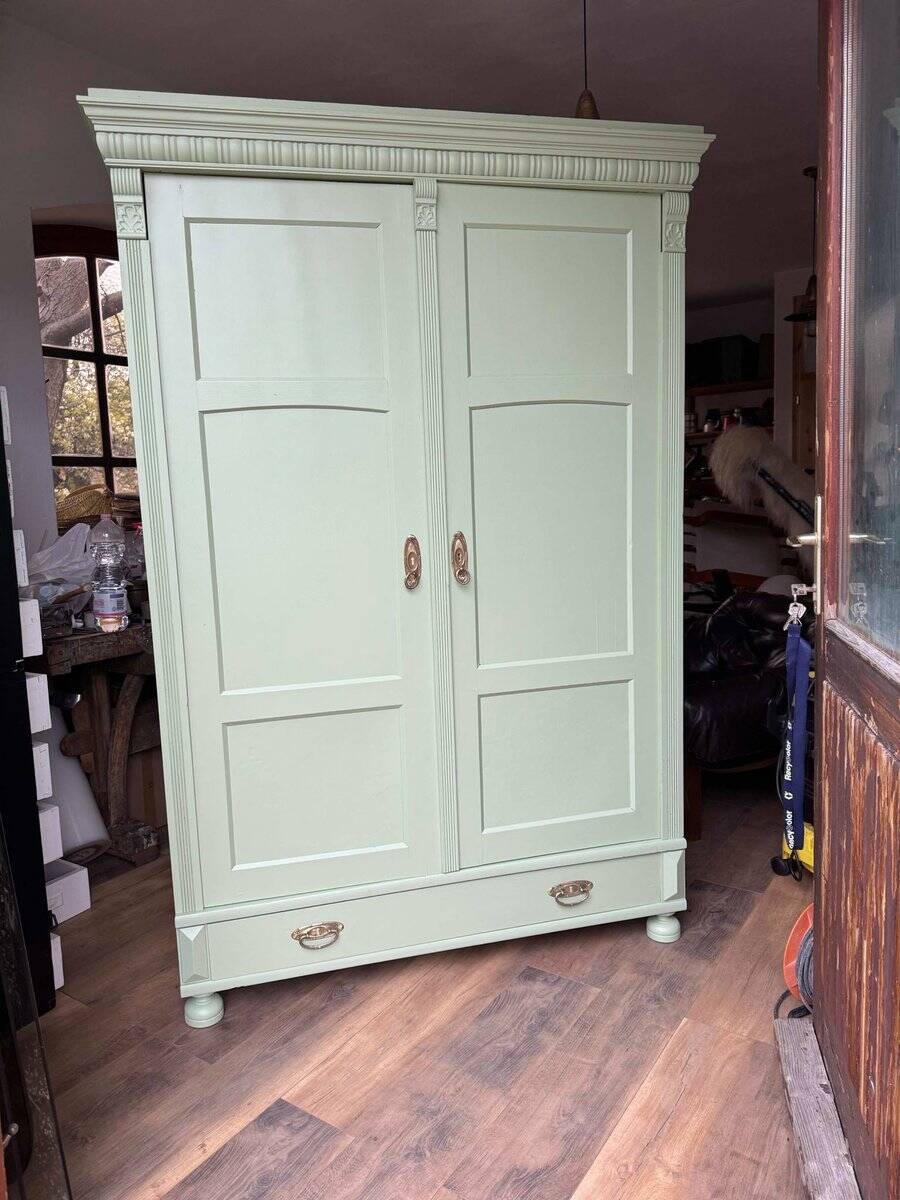 Antique painted green wooden wardrobe