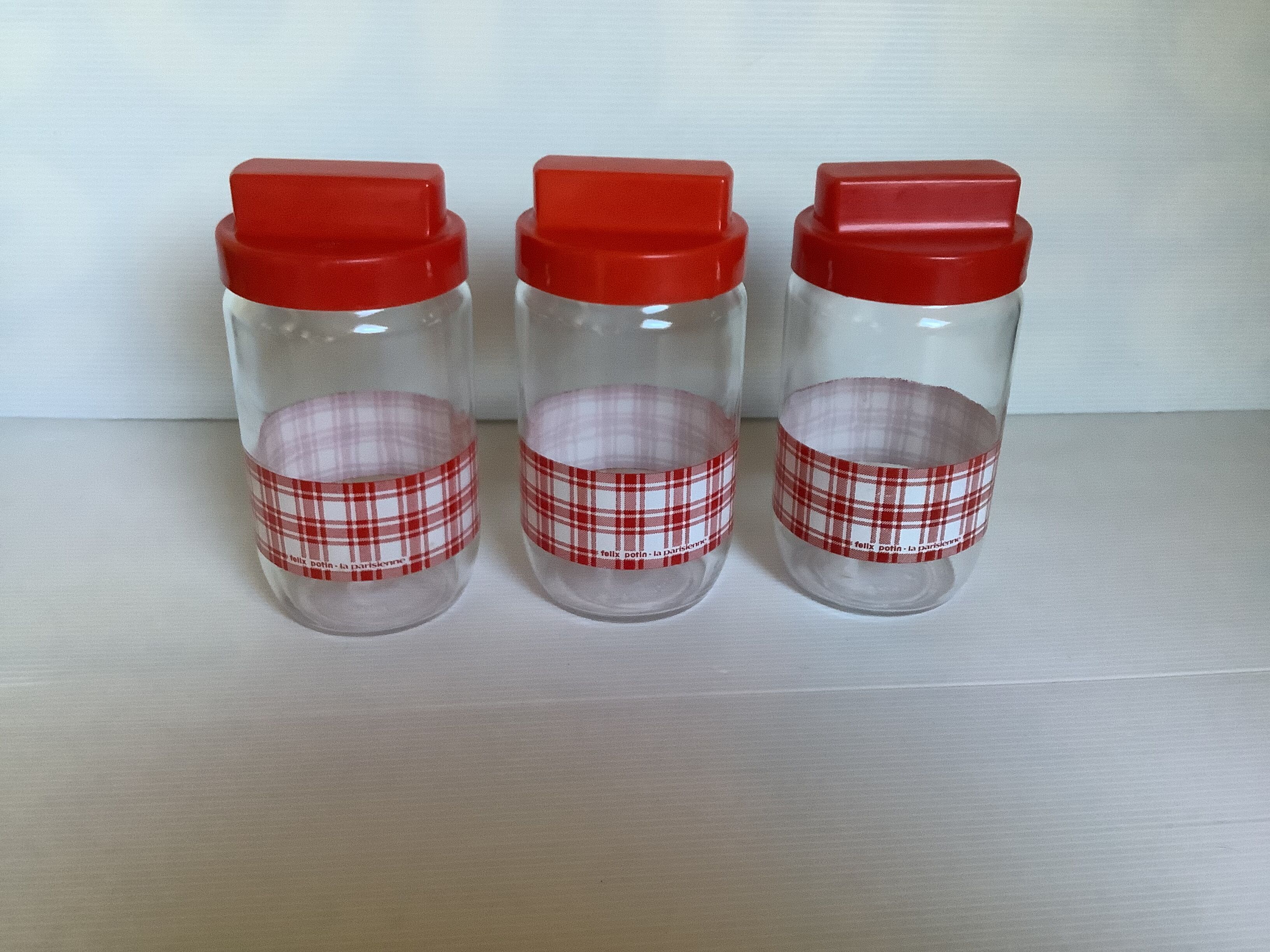 3 jars red and white dish towel pattern