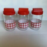 3 jars red and white dish towel pattern