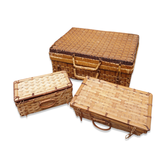Lot de 3 paniers rectangulaires avec couvercle ou petites valises en osier