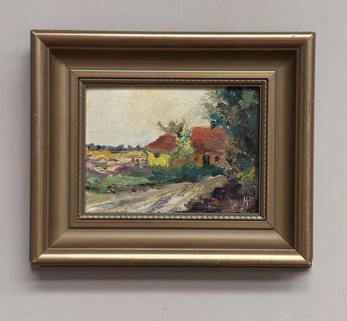 Huile sur panneau originale "Huts" par K.B, vintage et encadrée 30 × 25 cm