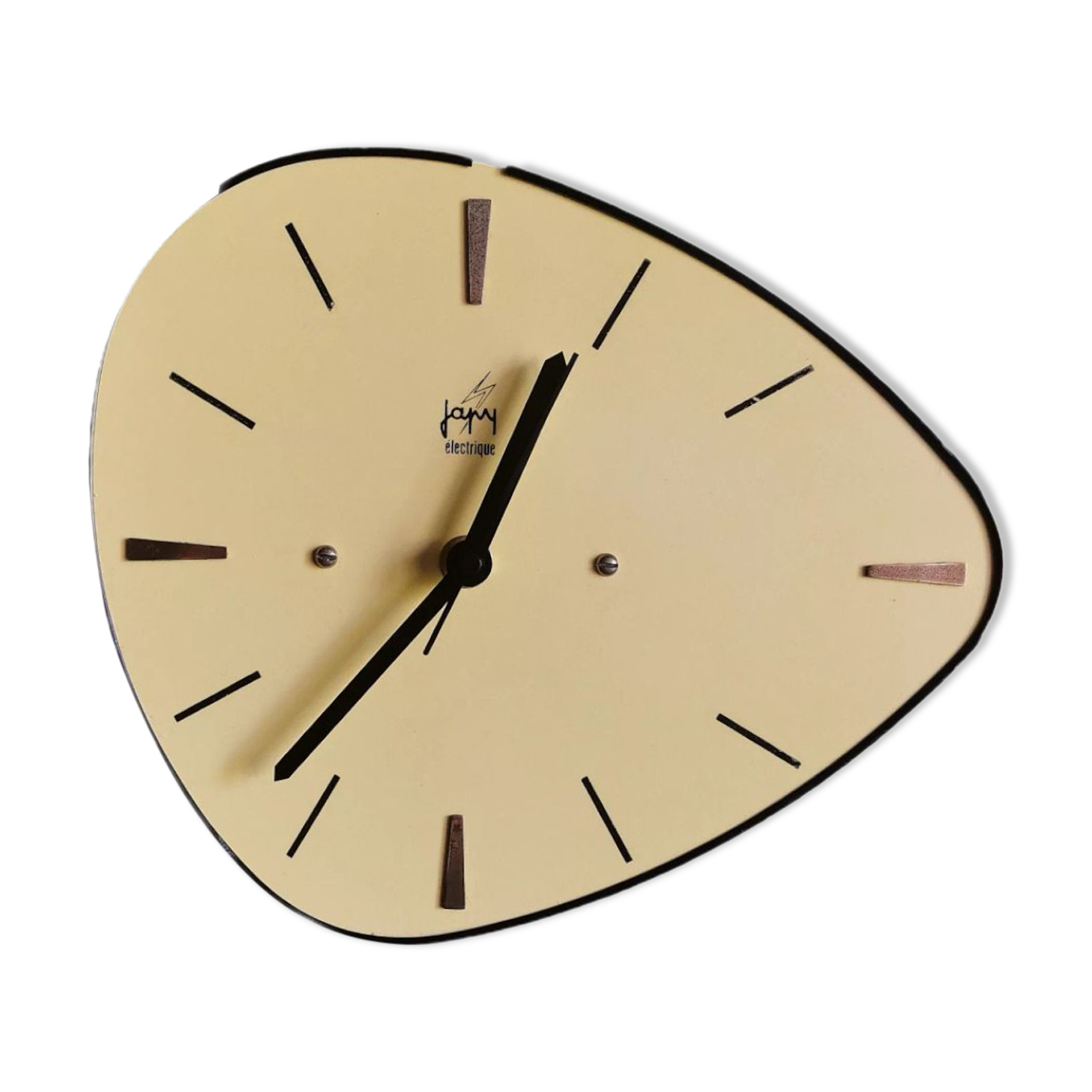 Vintage formica clock asymmetrical silent wall clock "Japy electric yellow"