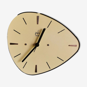 Horloge formica vintage pendule murale silencieuse asymétrique "Japy électrique jaune"
