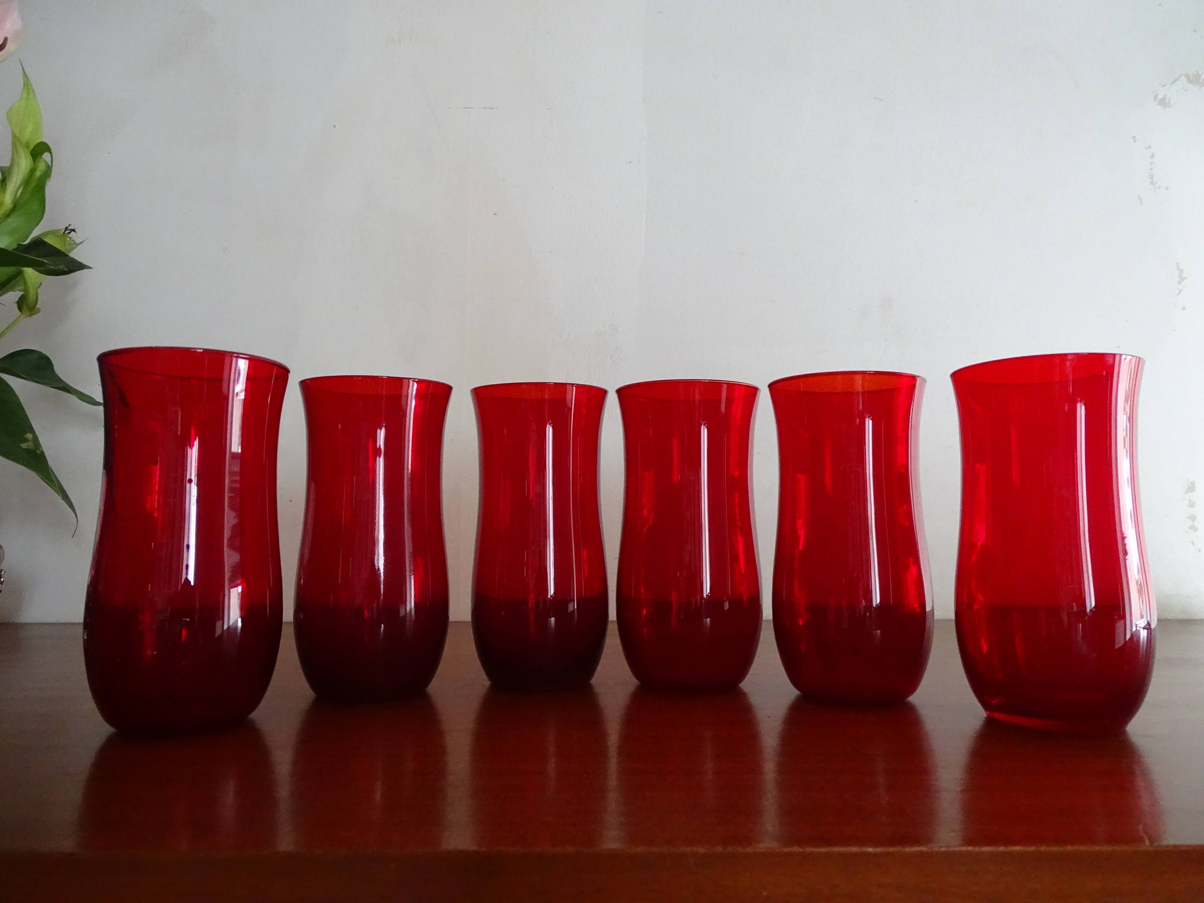 6 water glasses blown glass vintage ruby red 1960