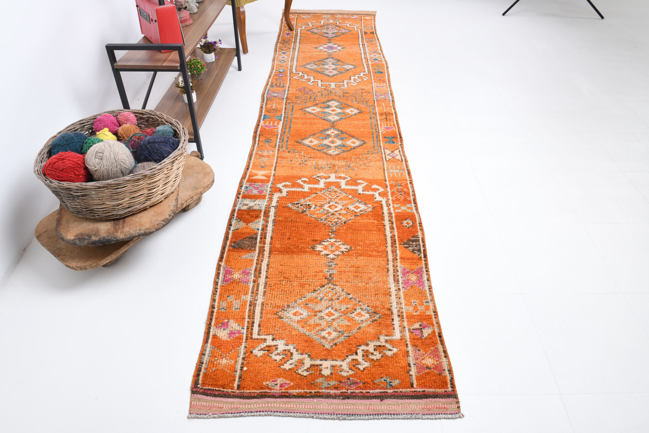 3x12 orange & beige long turkish vintage runner rug 387x87cm