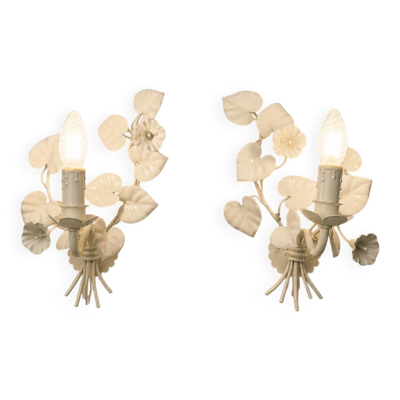 Paire d’appliques florales vintage en métal blanc – style florentin