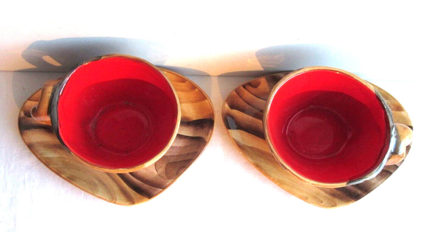 2 lunches decorated in faux wood style, cups + saucers, signed VALLAURIS