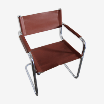 Fauteuil vintage en chrome et simili cuir cognac