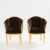 Maurice Dufrène pair of armchairs, gilded wood, brown velvet, 1925.