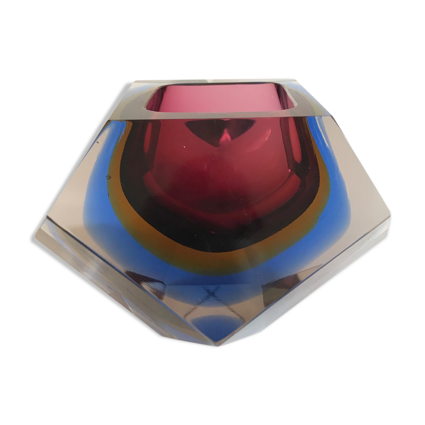 Pink and blue ashtray by Flavio Poli for Seguso in Murano glass 1960